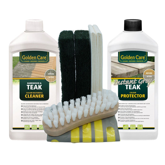 Golden Care Teak Instant Grey + Cleaner Holzpflegeset 8tlg. Holz Reiniger Holzschutz Holzpflege für Gartenmöbel