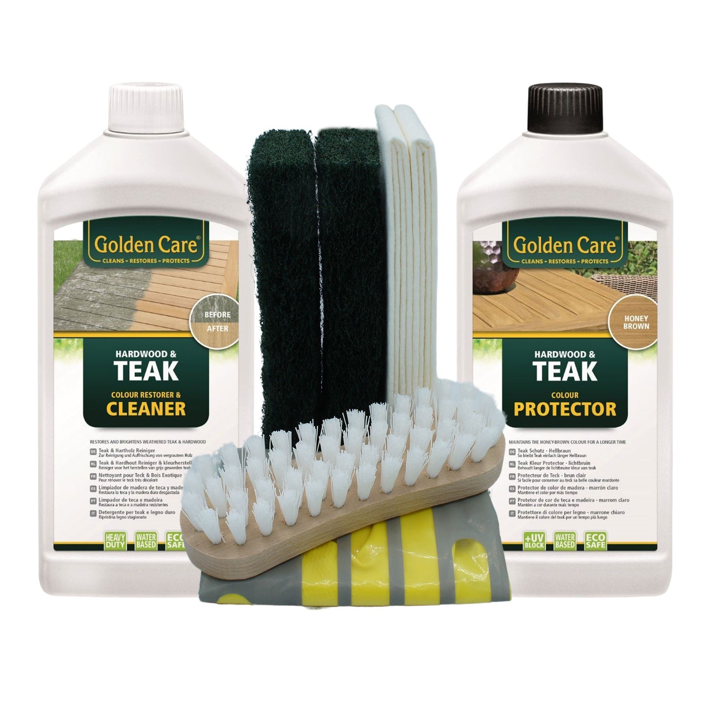Golden Care Teak Protector + Cleaner Holzpflegeset 8tlg. Holz Reiniger Holzschutz Holzpflege für Gartenmöbel