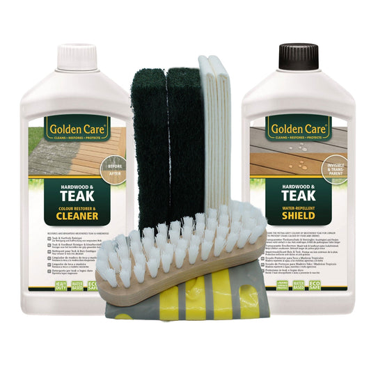 Golden Care Teak Shield + Cleaner Holzpflegeset 8tlg. Fleckenschutz Holz Reiniger Holzschutz Holzpflege für Gartenmöbel