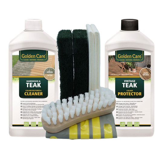 Golden Care Teak Vintage Protector + Cleaner Holzpflegeset 8tlg. Holz Reiniger Holzschutz Holzpflege für Gartenmöbel